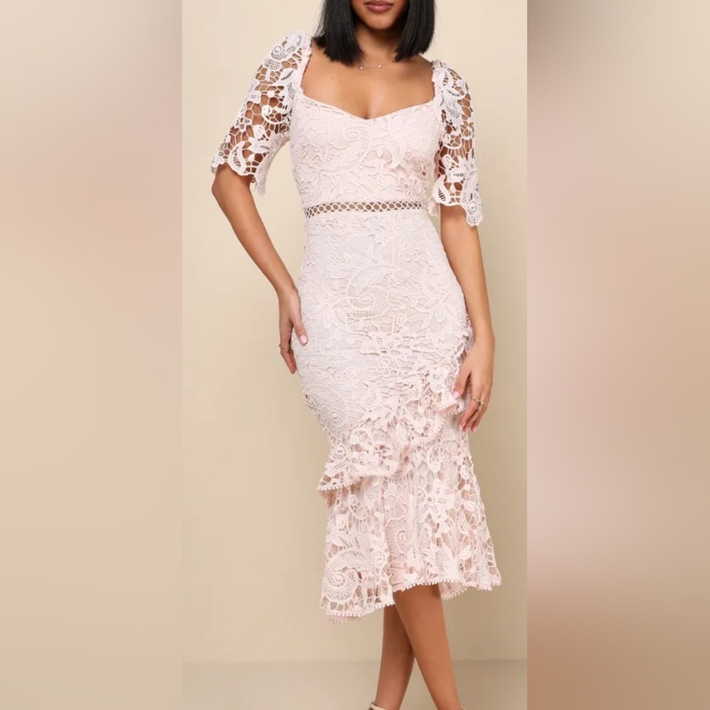 Lulus Briarwood Blush Pink Lace Ruffled Midi Dress
